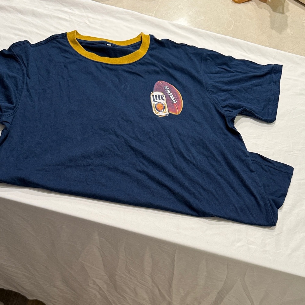 Miller Lite Football Navy Blue T-Shirt with Mustard Yellow Neck Trim - Picture 2 of 5